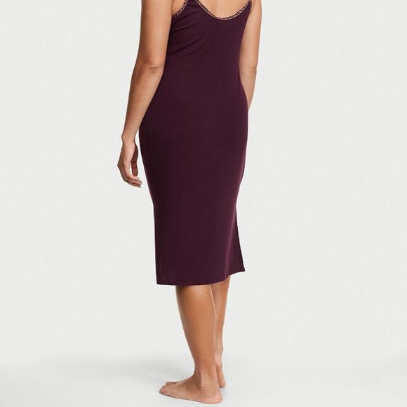 VS Modal Rib Nightgown Purple w/ Leopard Print Trim So Comfy and Cute - Picture 10 of 15